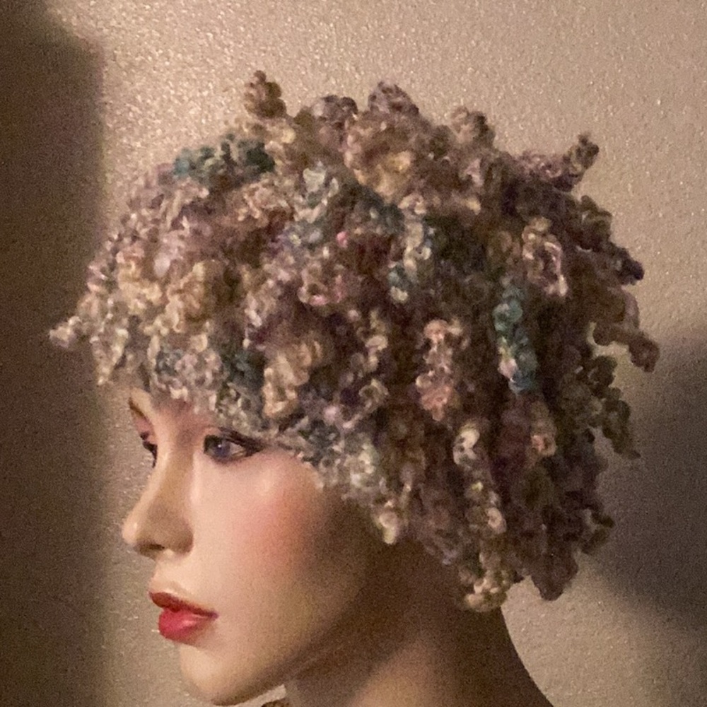Multi colored curly loops hand knitted hat